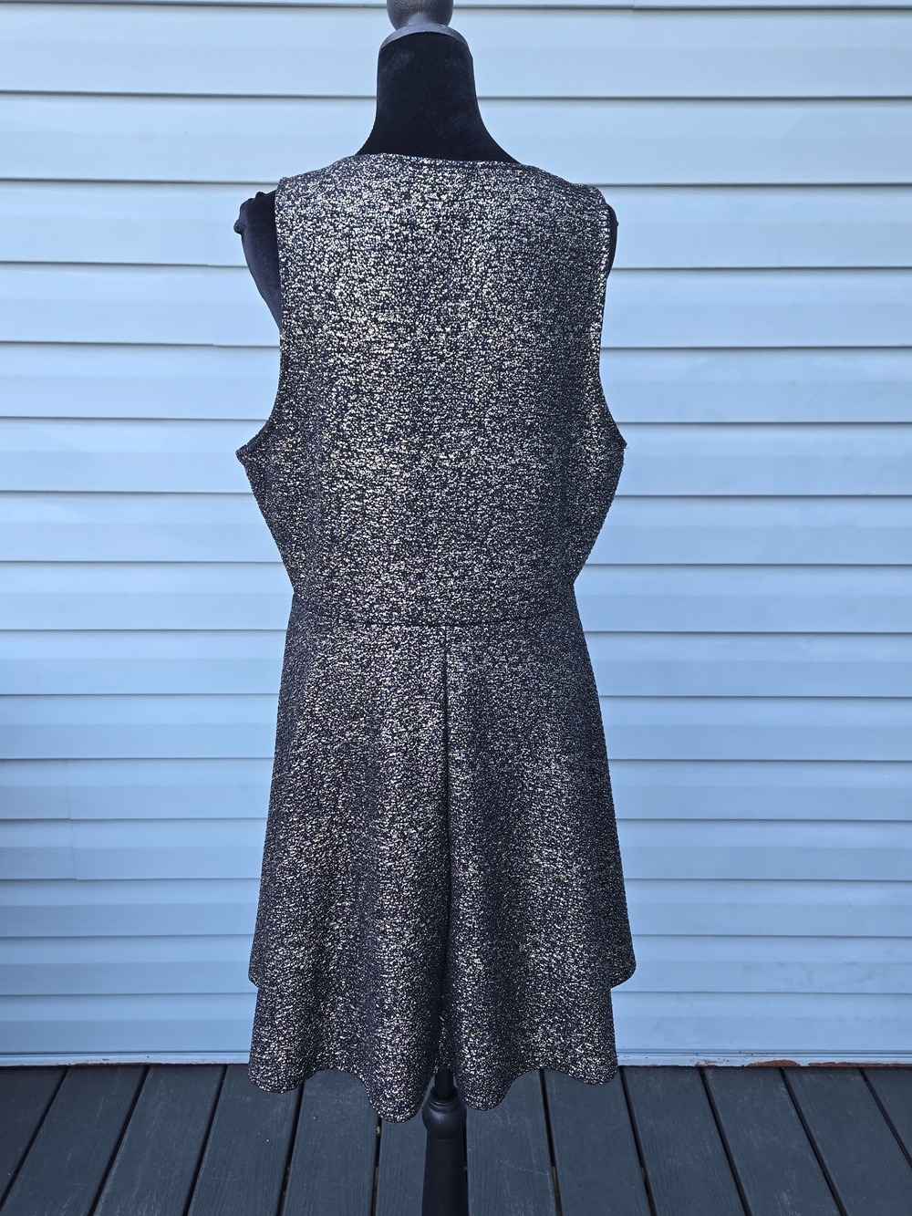 Rue21 Metallic Glitter Skater Dress XL Silver Black Deep V-Neck Mini Party - Picture 3 of 8